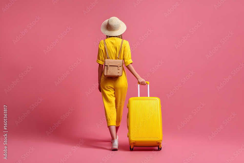 Back view of unrecognizable woman backpacker walking with yellow suitcase on pink studio background, touching her summer hat, full length photo, copy space. Female tourist with backpack and luggage