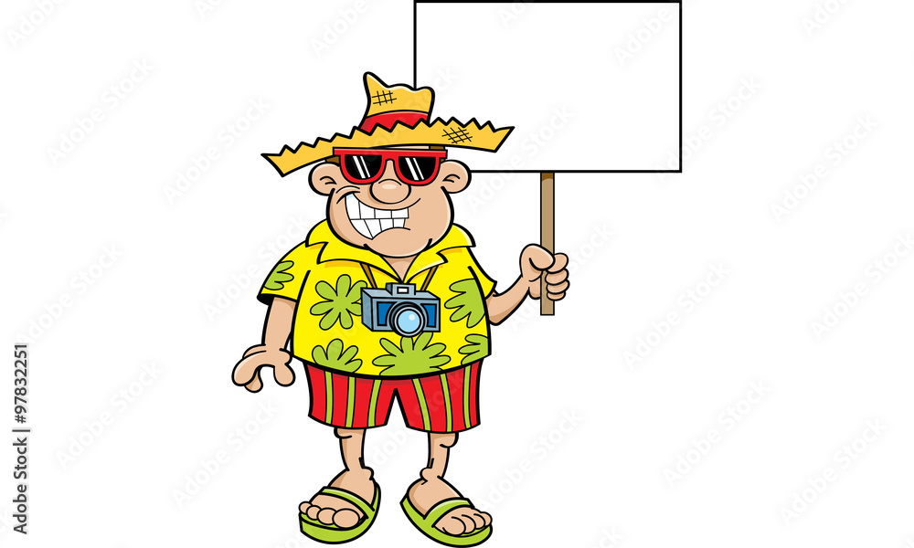Cartoon illustration of a tourist holding a sign.