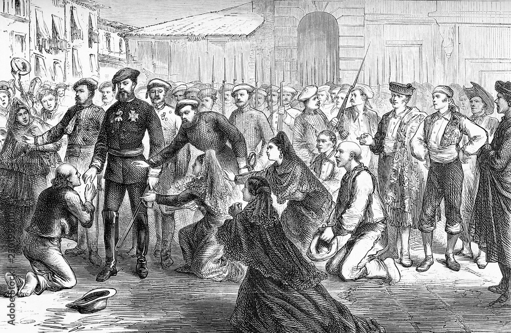 Don Carlos, Duke of Madrid ( Carlist claimant to the throne of Spain with the name of Carlos VII) returning from mass in a square at  Estella, residence of Navarra kings, year 1874, old print