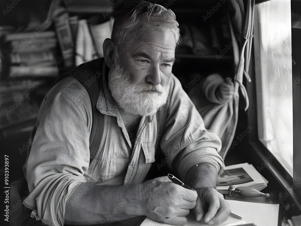 Portrait of Ernest Hemingway, an iconic American novelist and Nobel Prize winner, in black and white.