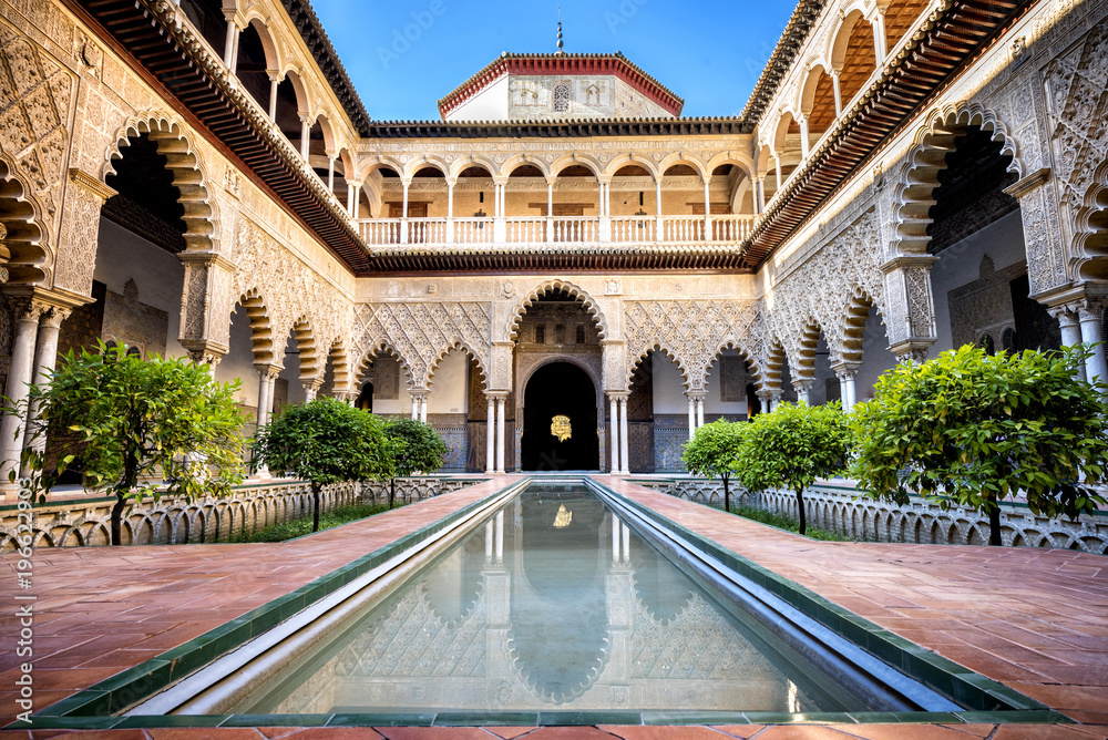 SEVILLE, SPAIN: Real Alcazar in Seville. Patio de las Doncellas in Royal palace, Real Alcazar (built in 1360), Spain