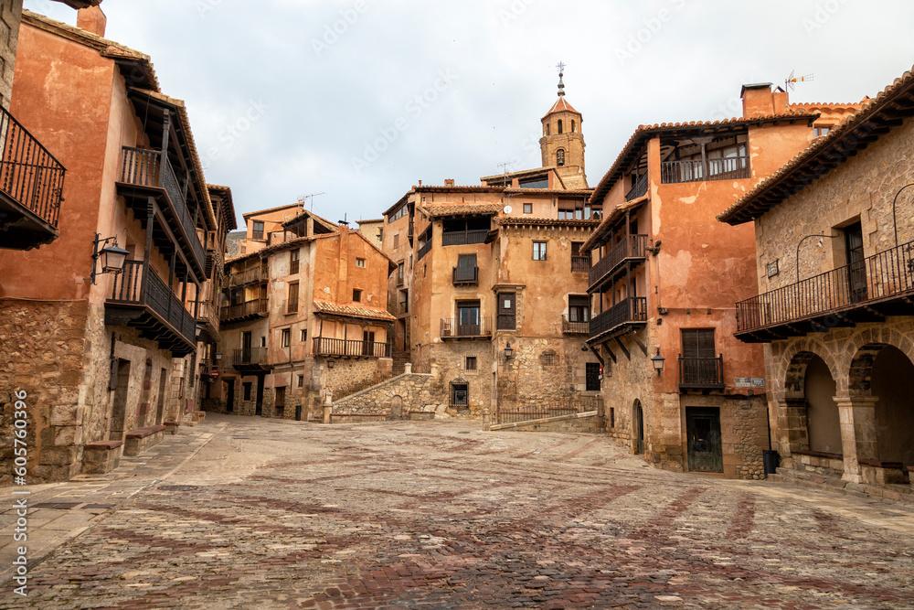 Traditional medieval style architecture in the main square of Albarracin, Teruel. Spain