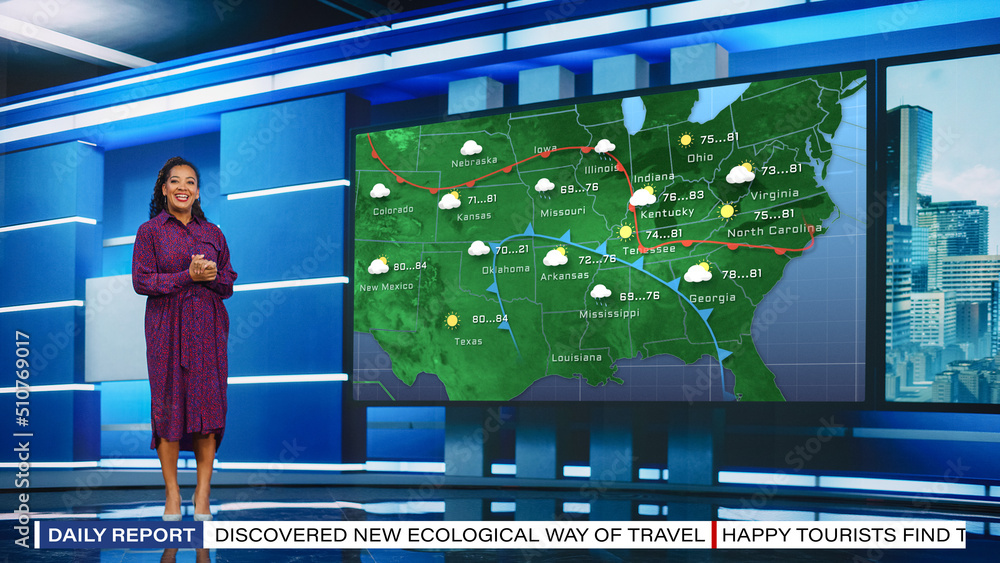 TV Weather Forecast Program: Professional Television Host Reviewing Weather Report in Newsroom Studio, Uses Big Screen with Visuals. Famous Anchorwoman Talks. Mock-up Cable Channel Concept.