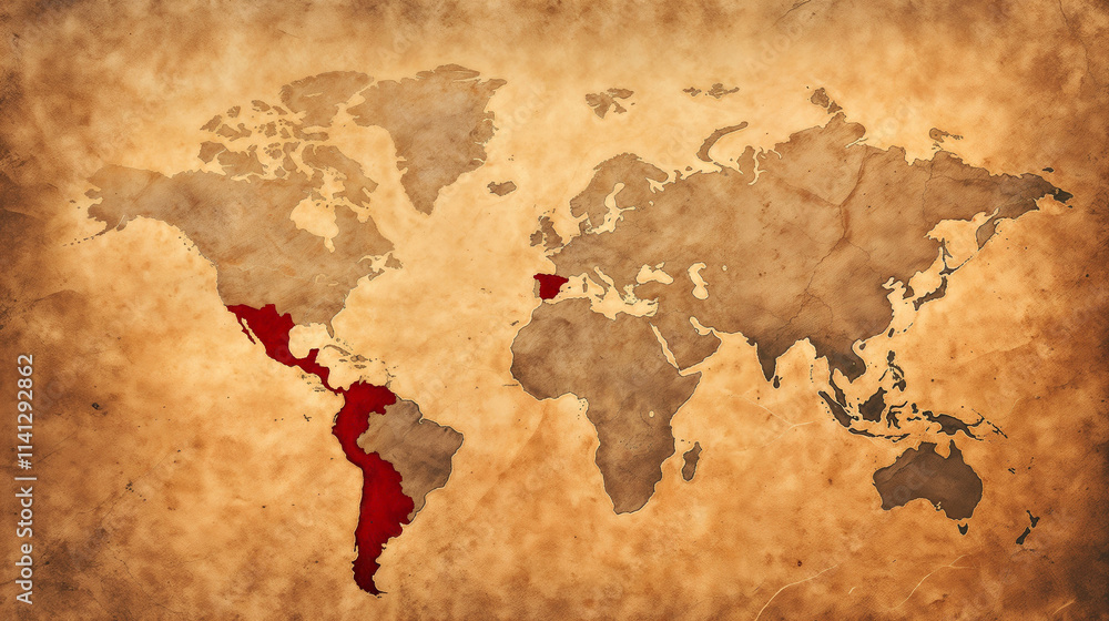 Vintage world map highlighting the Spanish speaking regions and countries of the globe in vibrant red tones against a weathered, parchment background. Hispanic background for a wallpaper