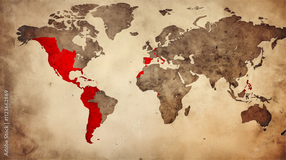Vintage world map depicting the expansive reach of the Spanish Empire, with vibrant red regions representing the territories under Spanish control.